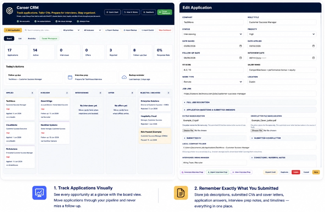 Career CRM dashboard and application detail view