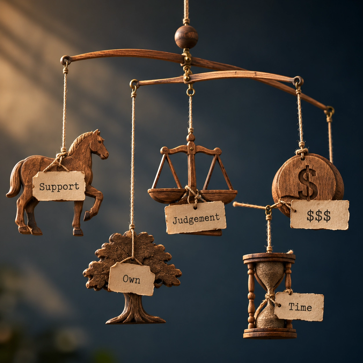 A handcrafted balancing mobile representing support, ownership, judgement, cost and time
