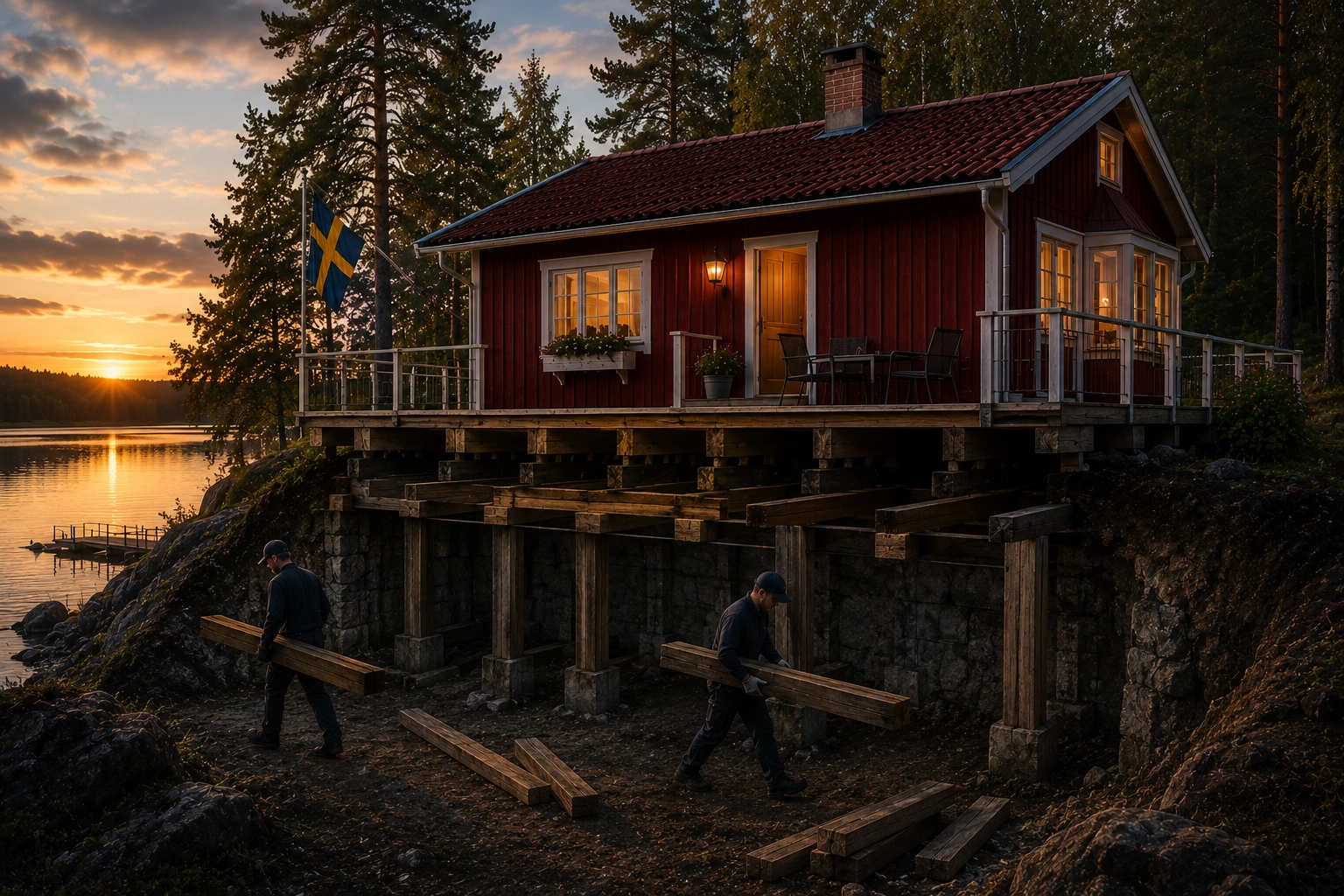 A Swedish cabin still standing calmly while workers quietly carry support beams away from beneath its foundation.