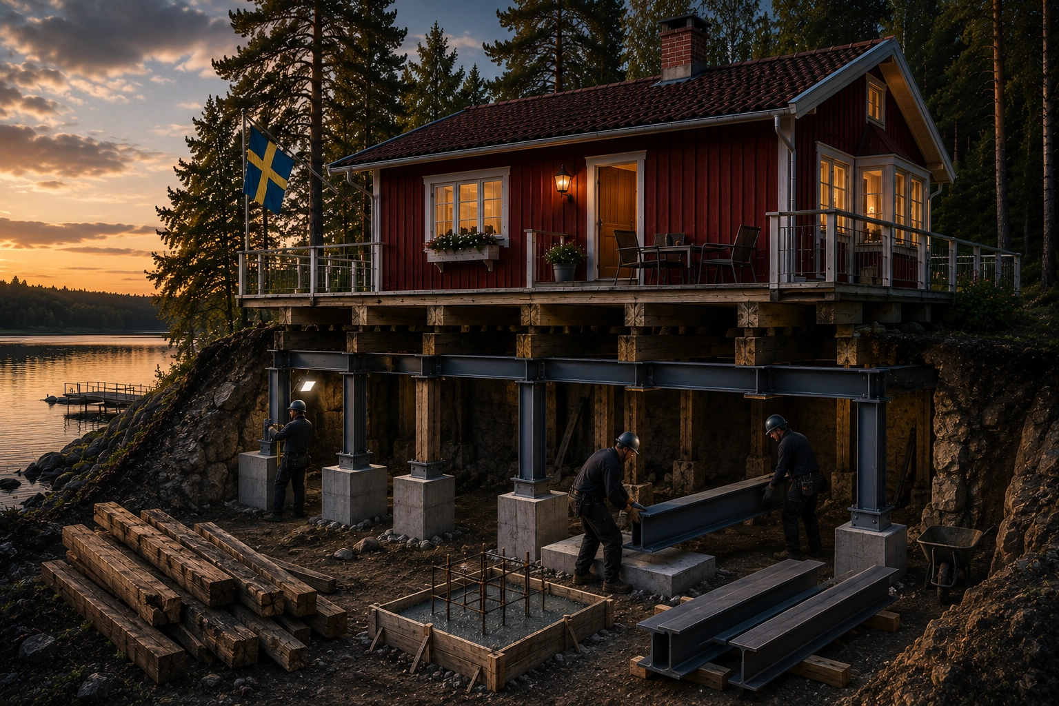The same Swedish cabin now reinforced with new concrete footings and heavier steel beams replacing weaker timber supports.