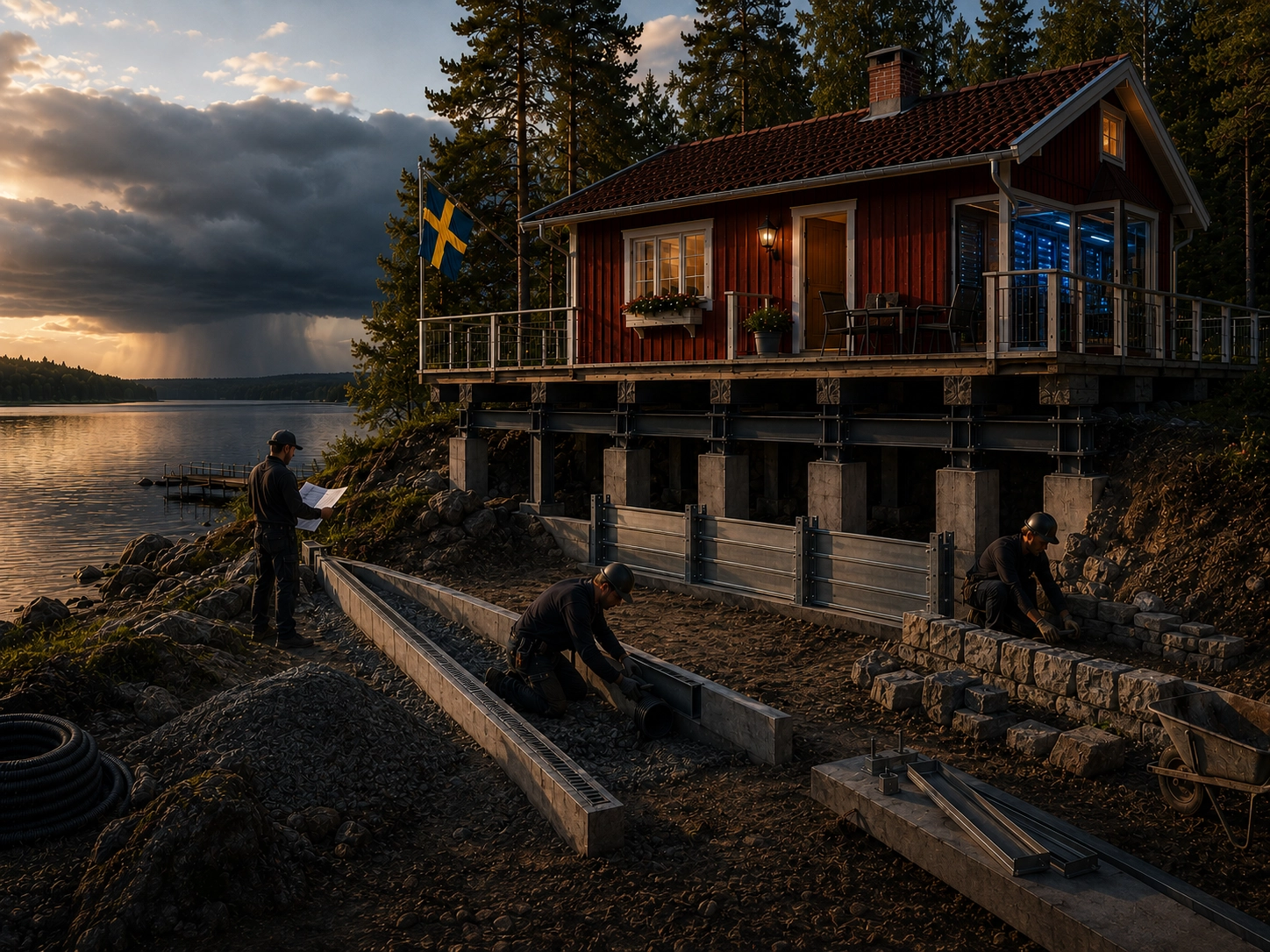 The Swedish cabin protected in advance with improved drainage and resilience measures while darker weather gathers in the distance.