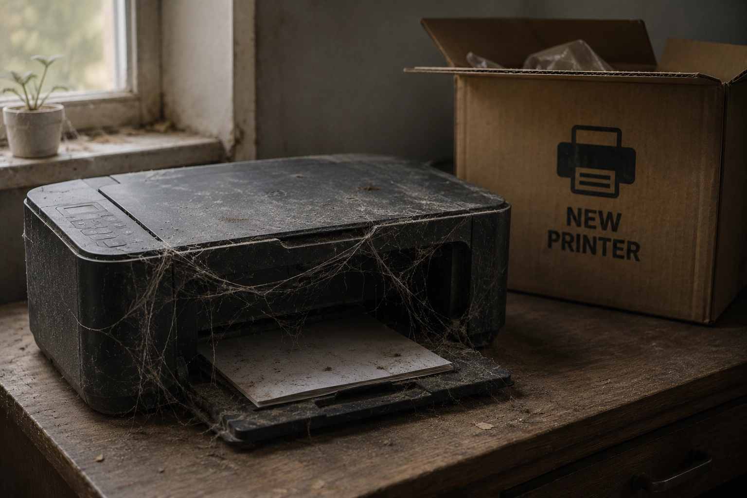 An old consumer printer abandoned with dust and cobwebs beside a replacement box.