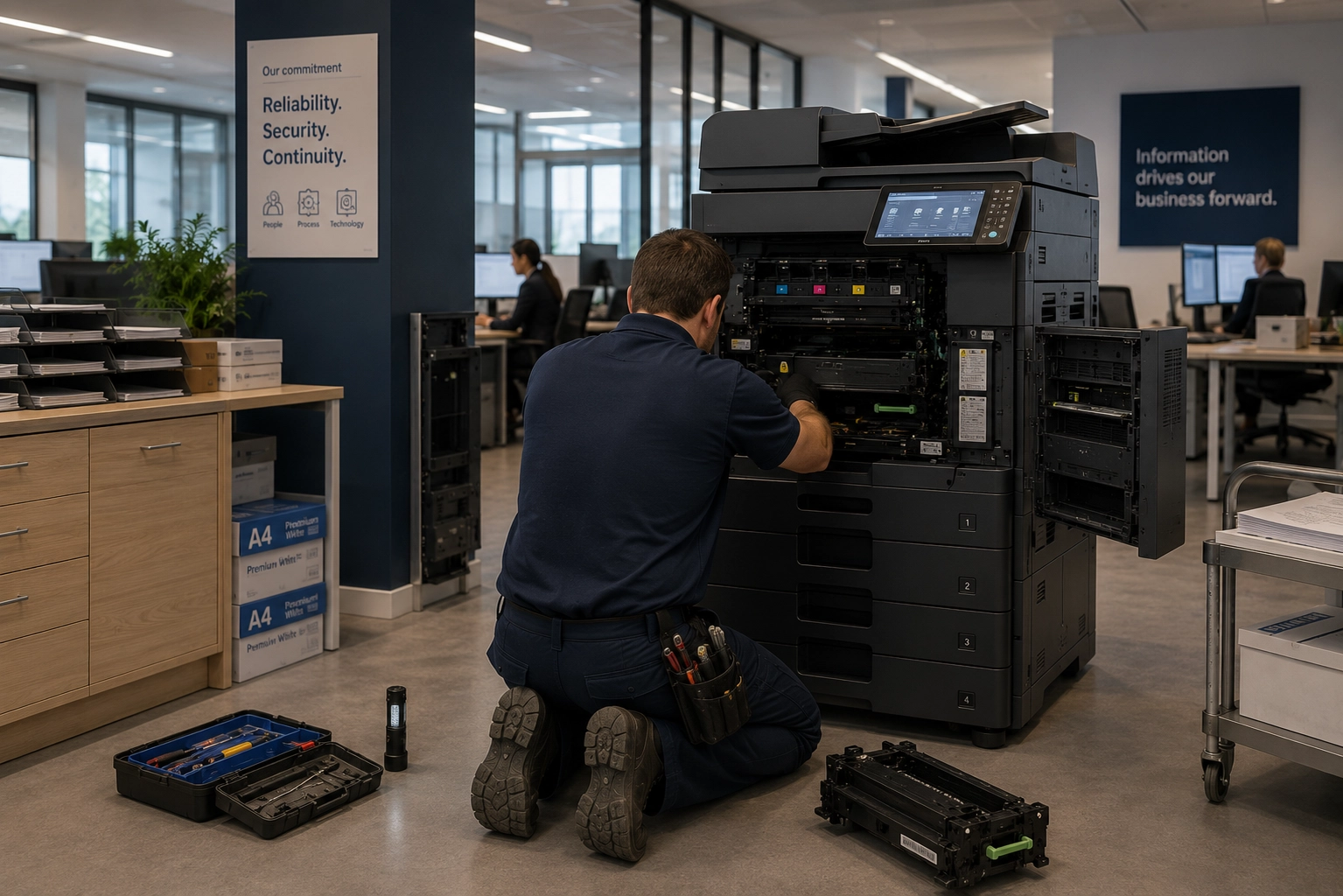 A large enterprise printer being serviced by a technician from behind inside a professional office environment.