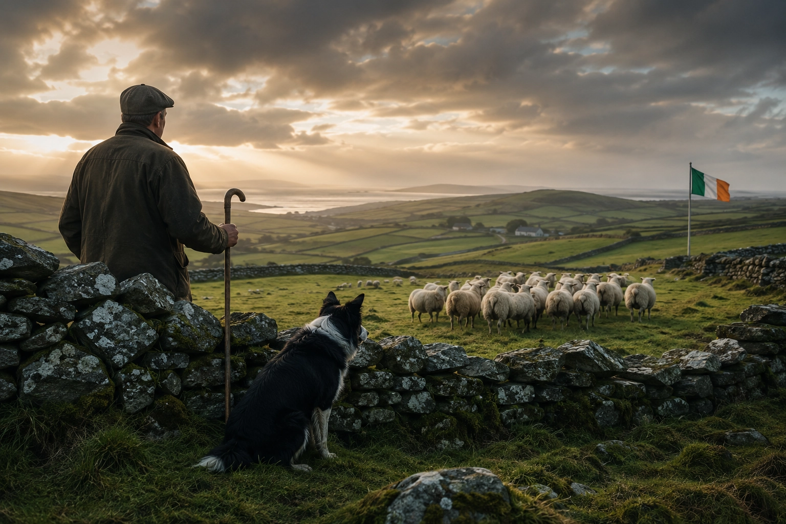 An Irish farmer and Border Collie calmly overlooking a flock of sheep beside a dry-stone wall
