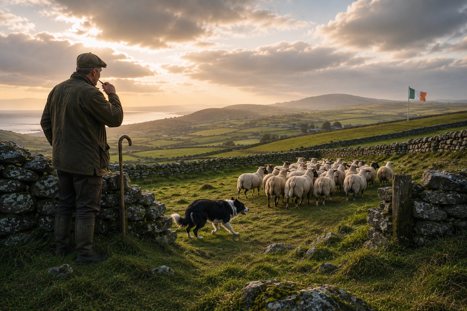 A trusted Border Collie confidently guiding sheep through an opening while the farmer watches