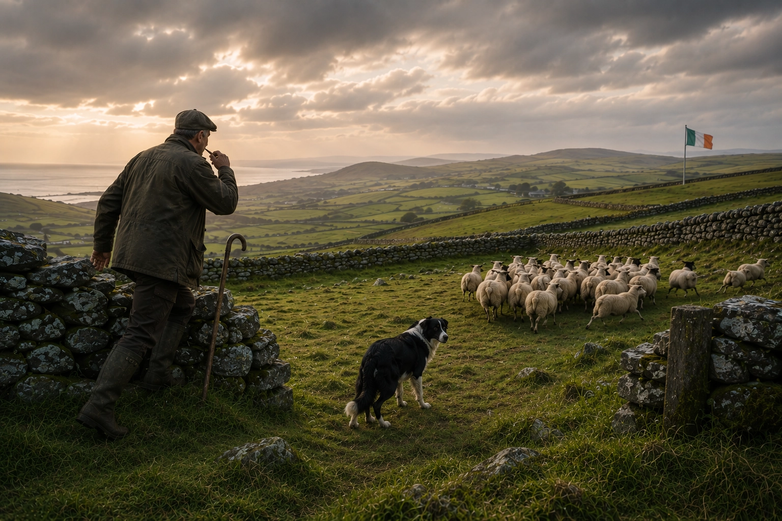 A hesitant Border Collie looking back towards the farmer while several sheep begin to drift