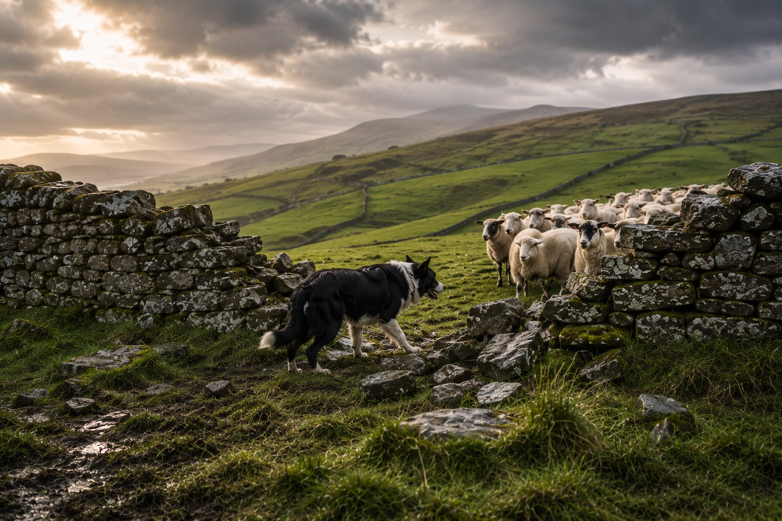 A Border Collie calmly holding a flock inside a field where a dry-stone wall has collapsed