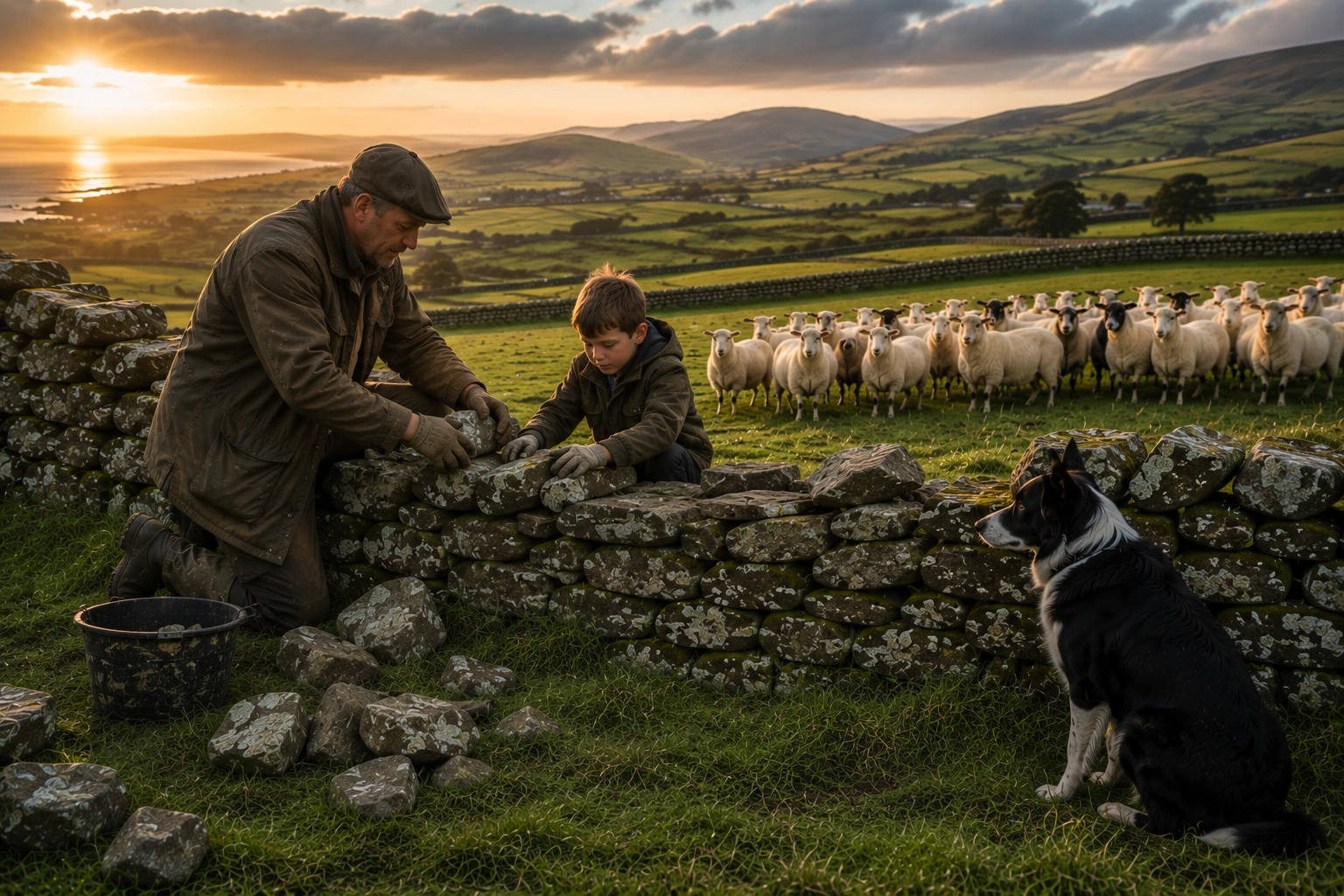A farmer and child repairing a dry-stone wall together while sheep and a Border Collie watch