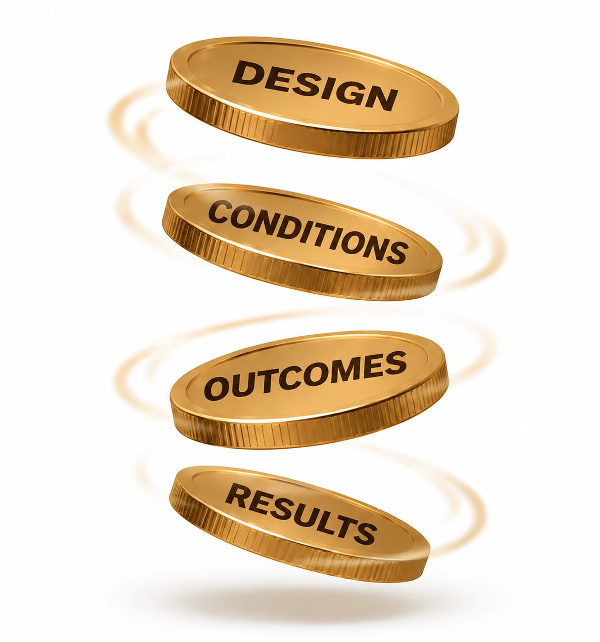 Four gold coins showing the progression from design to conditions, outcomes and results