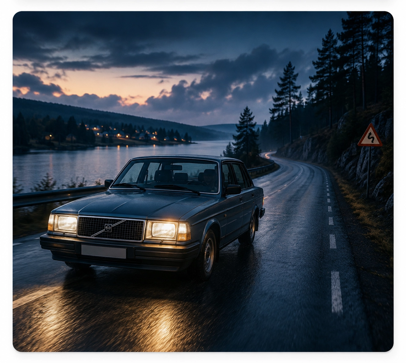 A classic Volvo on a wet Scandinavian road at dusk, with its headlights revealing only part of the road ahead