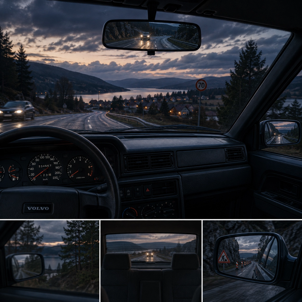 A driver's view through the windscreen and multiple mirrors of a classic Volvo, each perspective revealing a different part of the same road