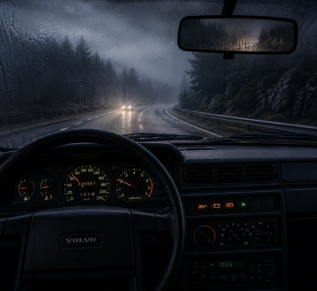 A classic Volvo dashboard showing normal gauges while heavy rain and poor visibility affect the road outside