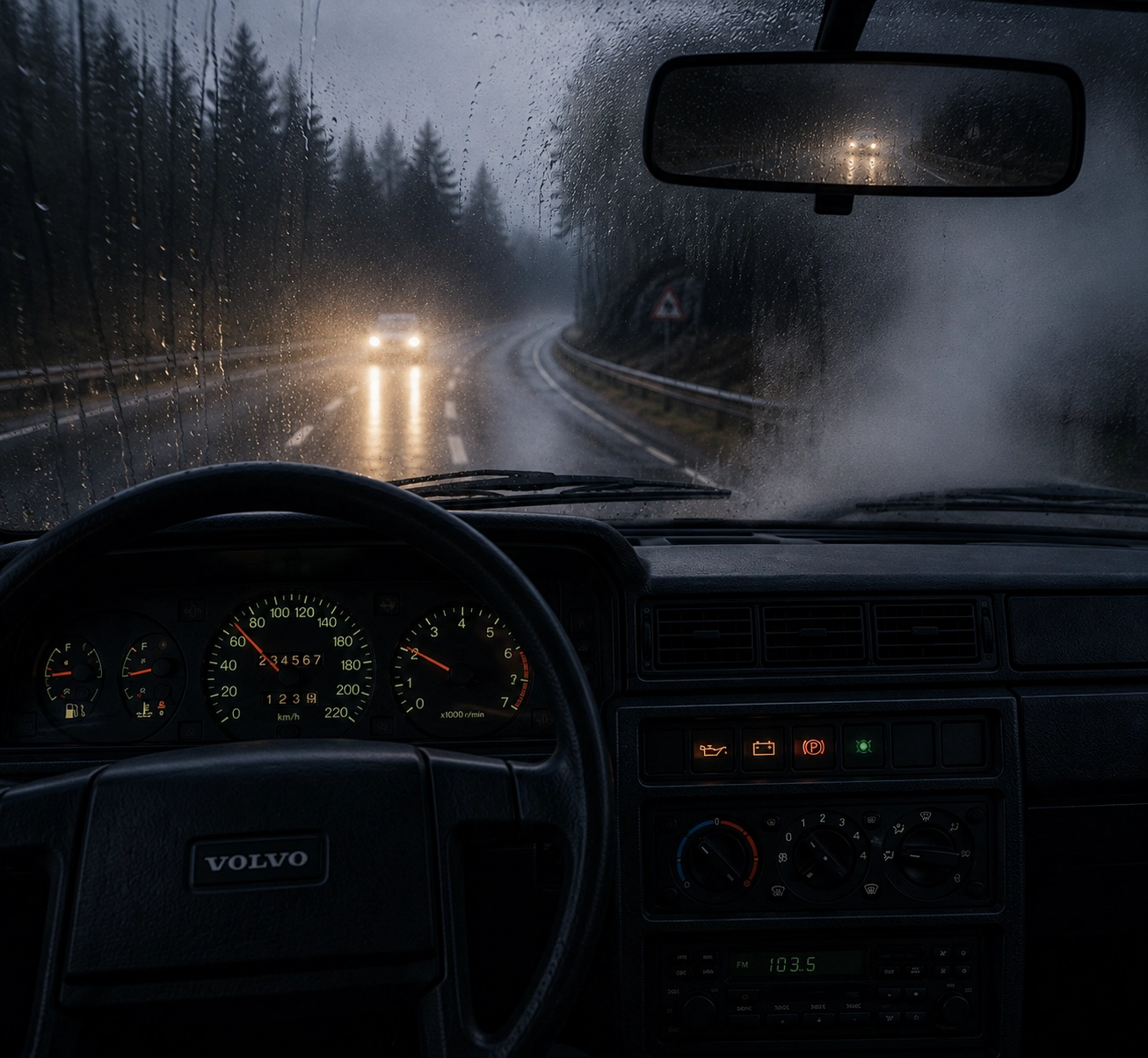 A driver's view through a rain-covered and partially obscured Volvo windscreen on a dark road