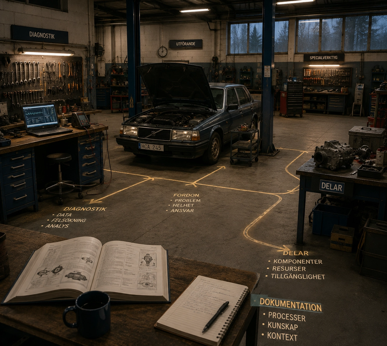 A classic Volvo in a workshop where diagnostic tools, parts, documentation and specialist work areas are connected across the same repair
