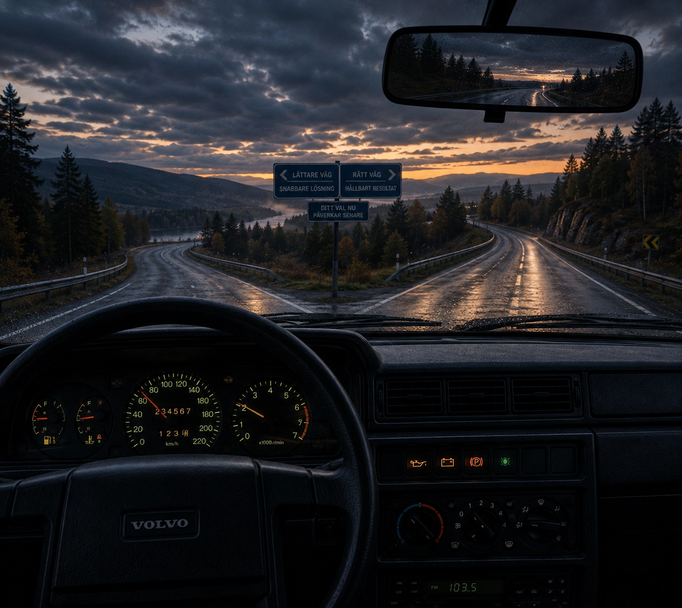 A driver's view from a classic Volvo approaching a fork in a wet Scandinavian road at dusk