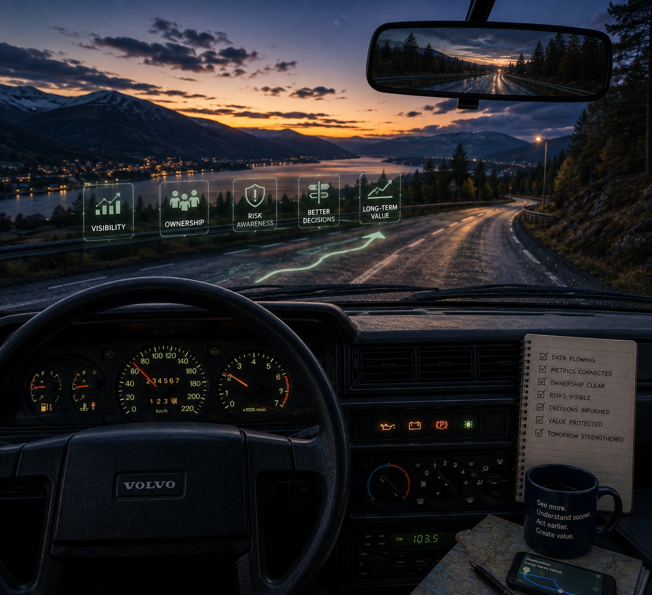 A classic Volvo cockpit with a clear road ahead and visual cues connecting visibility, ownership, risk awareness, better decisions and long-term value
